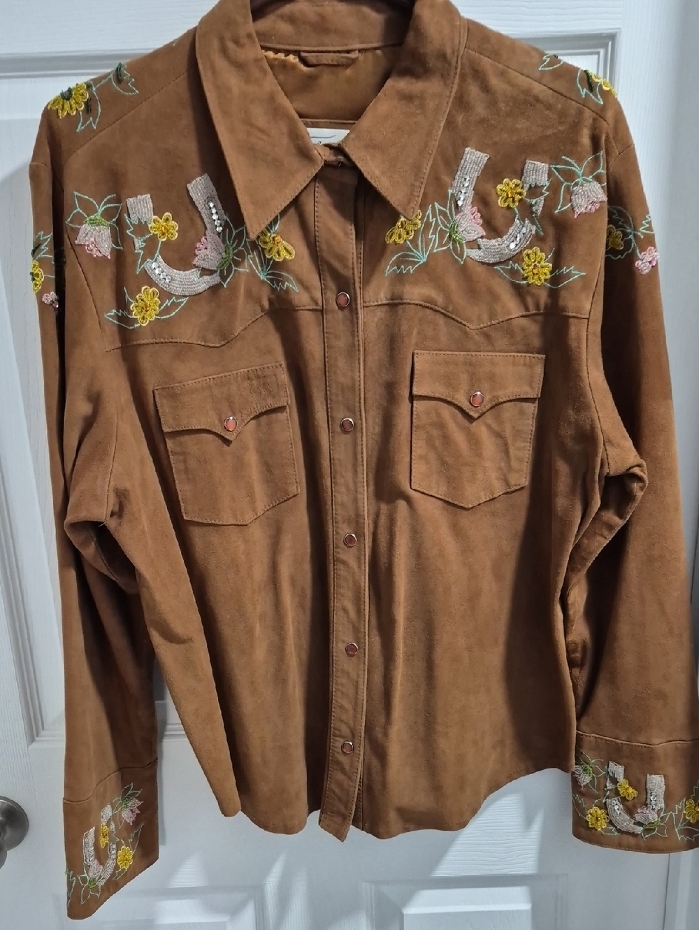 Brown Suede Western Embroidered Shirt Jacket